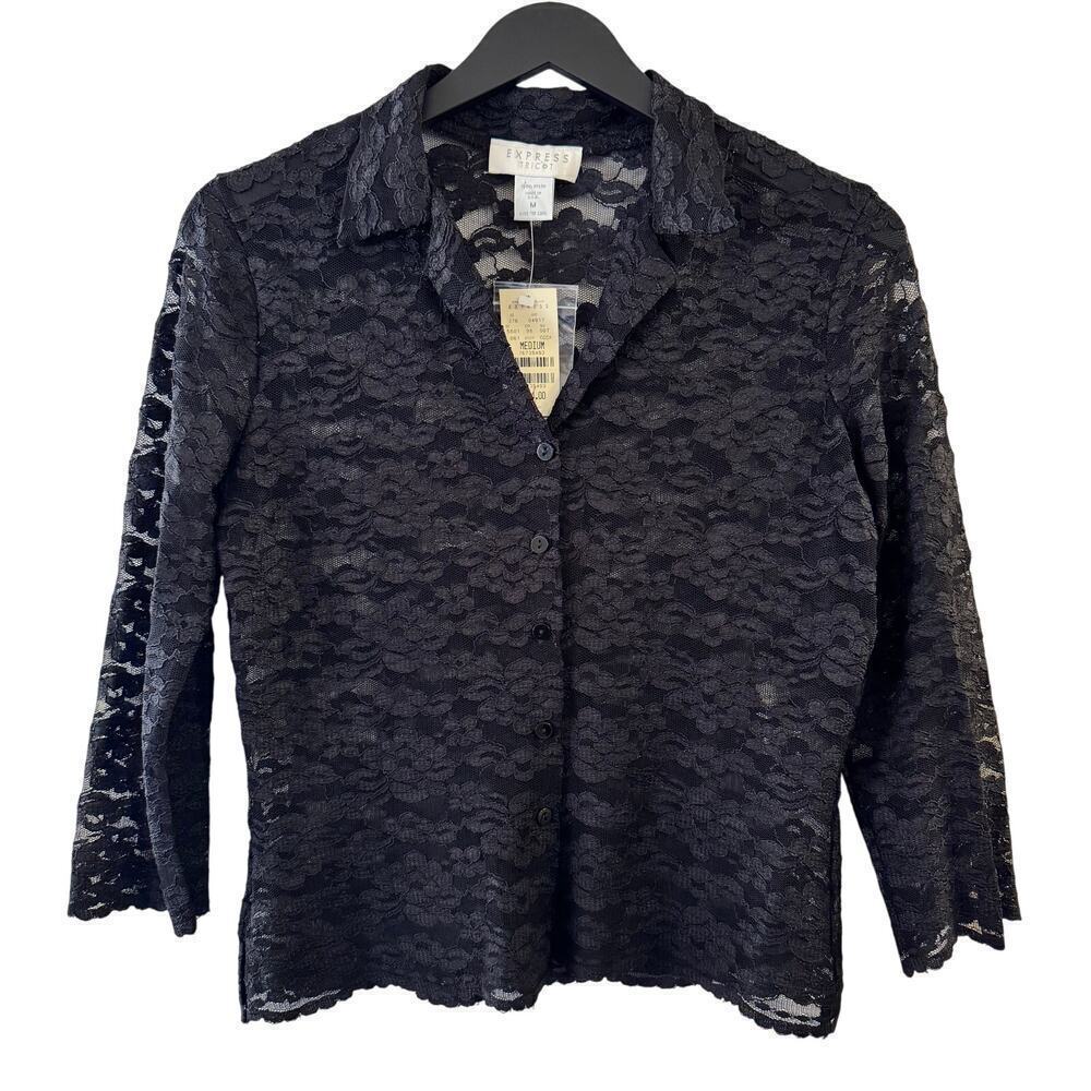 Vintage Y2K Deadstock USA Express Tricot Sheer Lace Button Up Shirt Black Medium